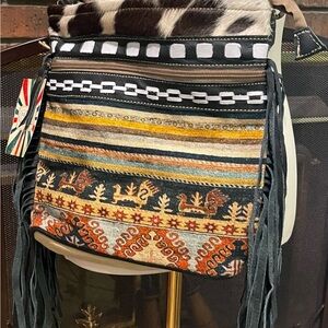 O'hlay crossbody Canvas & Hair-On Hide w/ leather fringe sides